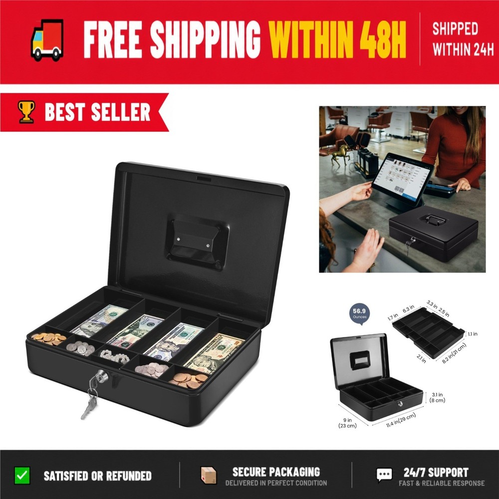 Flexzion Cash Box with Key – Portable Metal Cash Box for Small Businesses