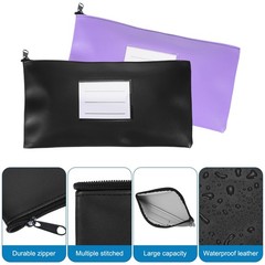 11×6 Inch Money Bags with Zipper, 2Pcs PU Leather Cash Pouch, Black/Purple