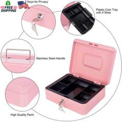 Pink Cash Box with Money Tray and Lock, Metal Money Box for Cash, Lock Box for M