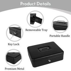 Cash Box with Lock and Money Tray Metal Large ys/m, Black-Large