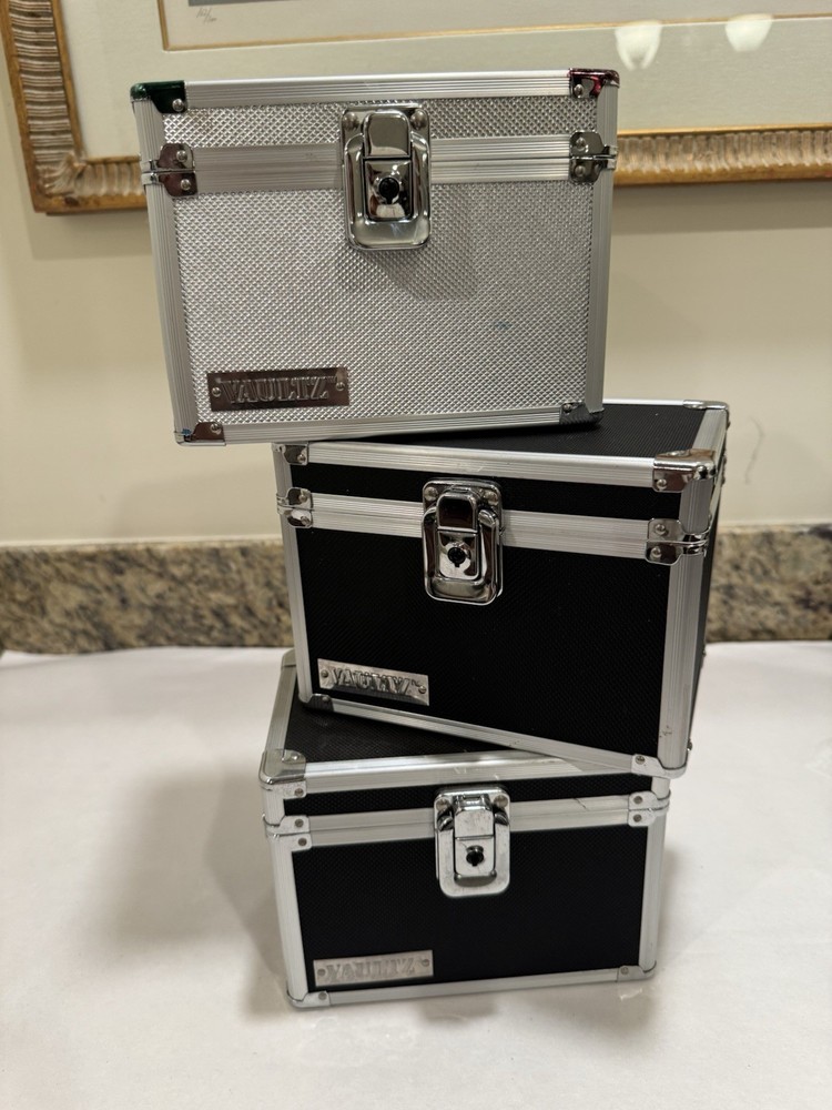 Set of 3 VAULTZ Metal Lock Boxes Security Storage Cases Silver, And Black