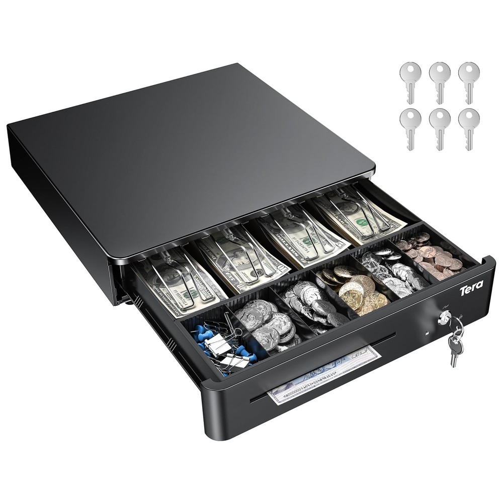 Tera 13″ Auto Open Cash Register Drawer, Heavy Duty, 4 Bill/6 Coin, 5 Keys