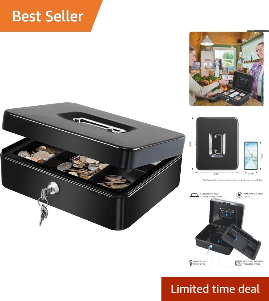 Versatile Black Cash Box with Storage Tray & Key Lock for Home or Business Use