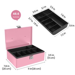 Cash Box with Money Tray and Lock – Pink Cash Storage with Latch Lock & Key