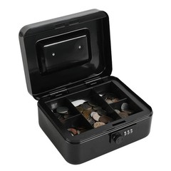 Black Medium Steel Cash Box Safe Combination Lock Coin Tray 7.87×6.30×3.54 In
