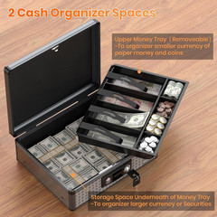 Secure Cash Box with Key Lock & Removable Coin Tray – Large Black 13.5″ x 4.3