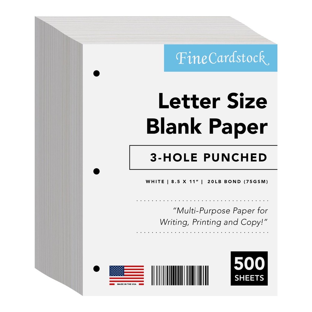 3 Hole Punched – White Regular Copy Paper – 8.5 x 11″ – 500 Sheets per Pack
