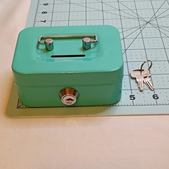 Small Portable Teal Metal Cash Box 6 x 4 in Coin Slot Key Lock Lockable w/2 Keys
