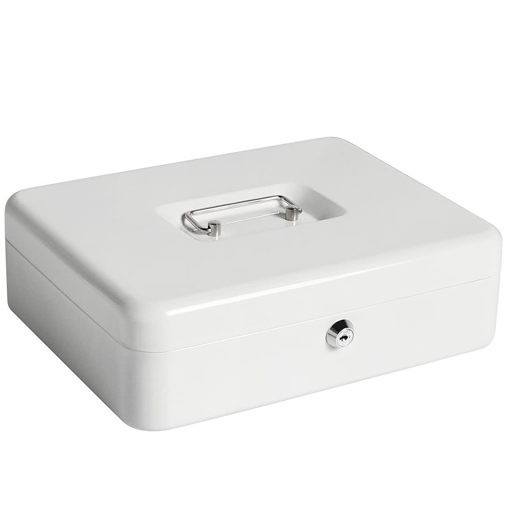 Cash Box Key Lock White 11.8×9.4×3.5 Inch XLarge Metal Money Tray Safe Box