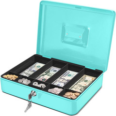 Cash Box with Money Tray and Lock – Metal Cash Box for Small Businesses, 9-Compa