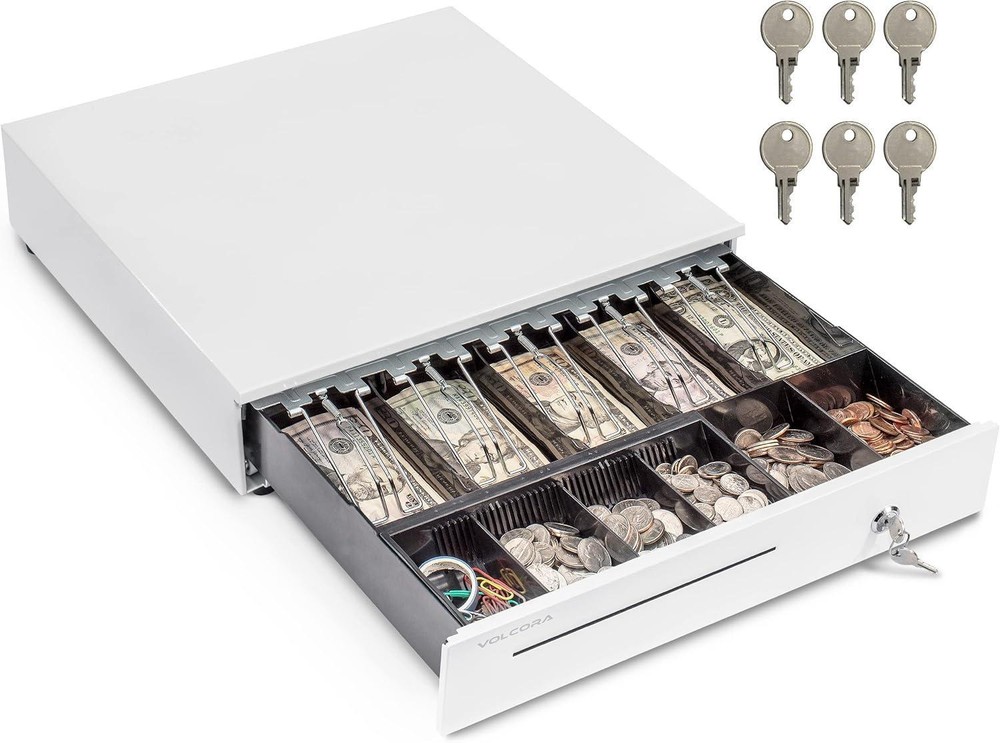 Cajã³n De Dinero 16″ P/pos, 5 Billetes 6 Monedas, Rj11, Blanco, Con Llave