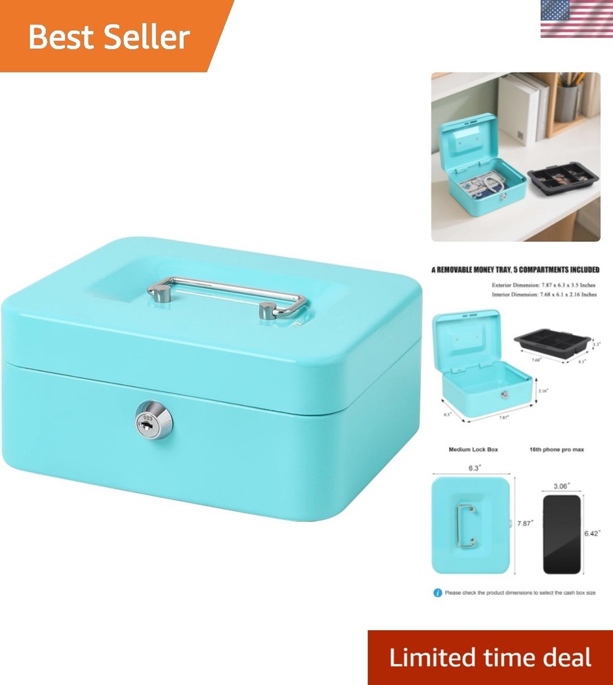 Compact Light Blue Cash Storage Box with Key Lock – Perfect for Medications
