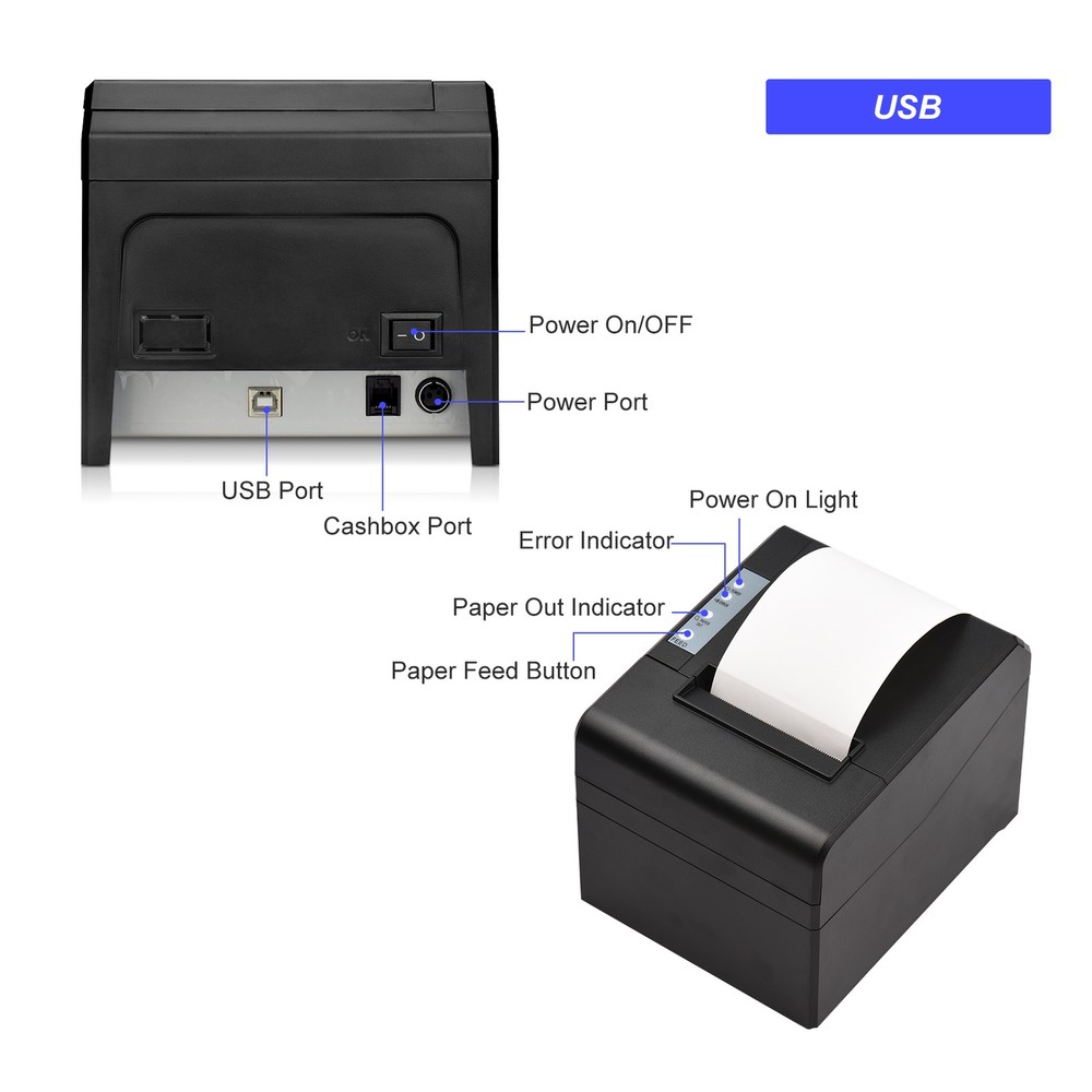 Thermal Receipt Printer 80mm Desktop Direct Thermal Printing USB Connection KEUQ
