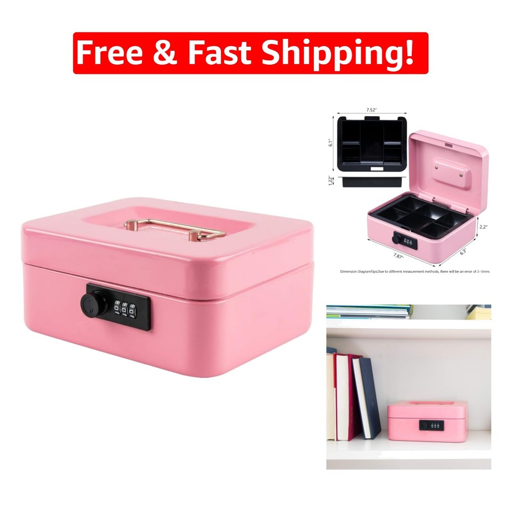 Water-Resistant Cash Box with Combination Lock – Secure and Portable, Pink 7.87″