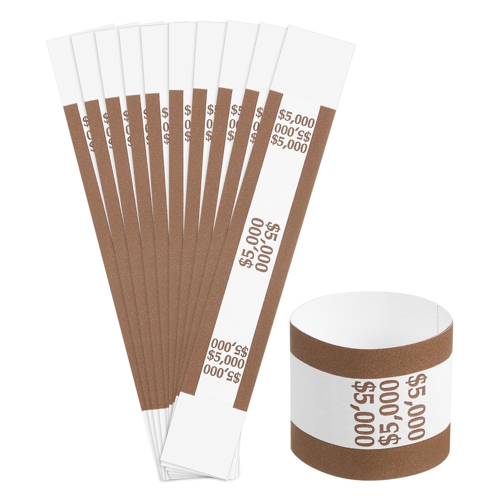 Pack of 50 Money Band Bundles, Self-Adhesive Bill Wrappers, 7.6″x1.14″, Brown