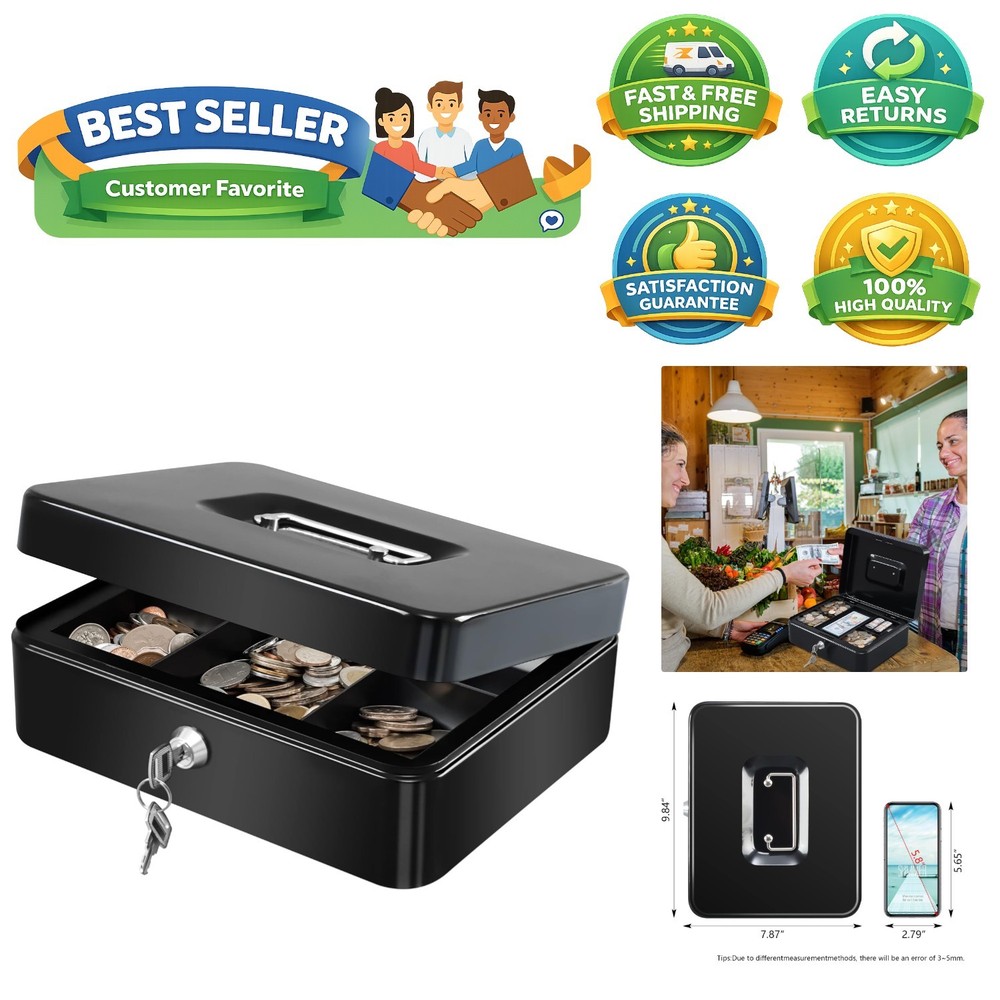 Multi-Purpose Cash Storage Box with Dual Lock & Removable Tray – 9.84in x 7.87in