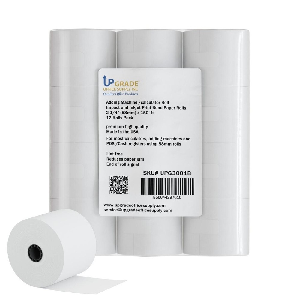 Upgrade UPG3001B Adding Machine Rolls, 2-1/4” x 150 ft, Lint-Free, 12-Pack, USA
