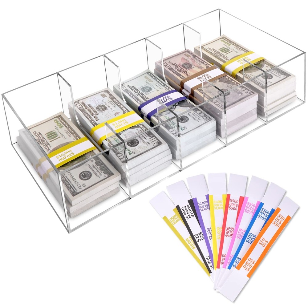Clear Cash Tray With 300 Currency Wrappers, Acrylic Money Organizer Storage C…