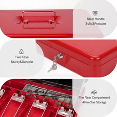 Heavy Duty Red Lock Box with Key & 5-Compartment Organizer – 392 Cubic Inches