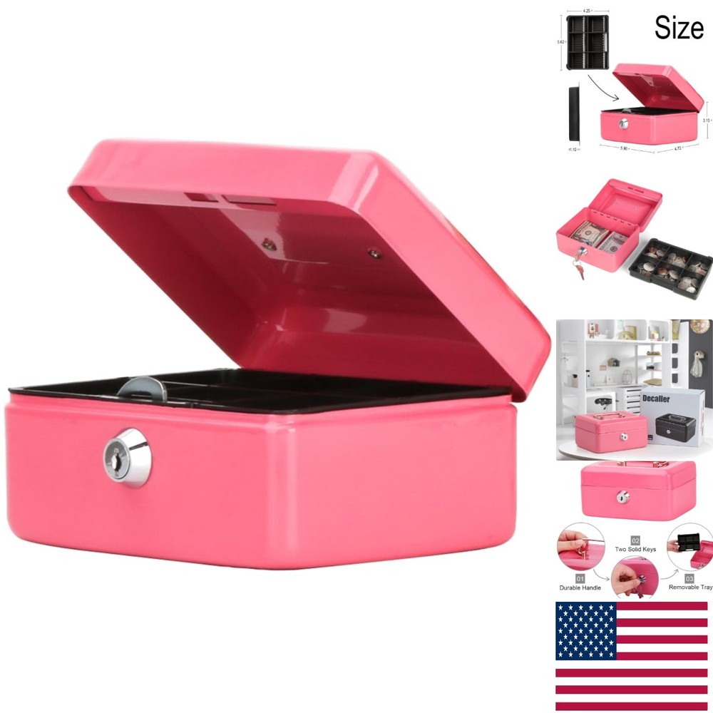 Elegant Pink Portable Cash Box with Key Lock for Security – Ideal for Home Use