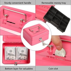 Small Cash Box with Money Tray – Metal Lock box for Kids 5.9″ x4.7″ x 3.2″ Pink