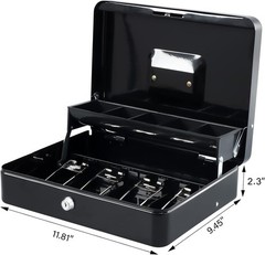 Portable Key Lock Cash Safe with Anti-Theft Cable – Black XL – 11.81in x 9.45in