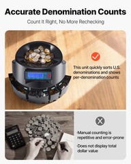 VEVOR USD Coin Sorter Coin Counter Wrapper and Roller 300 Coins/min LCD Display