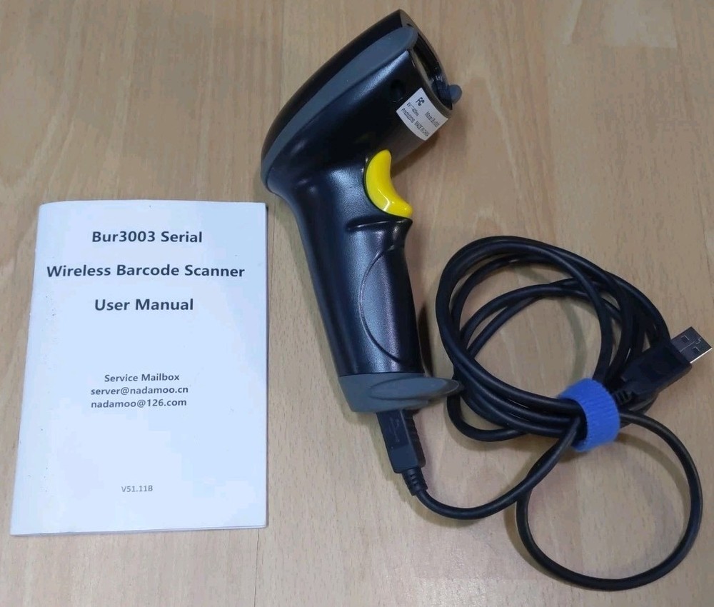 NADAMOO BUR3003 433MHz Wireless Barcode Scanner w/ Cord Tested Works 202205B
