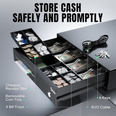 13 Inch Auto Open Cash Register Drawer with 6 Keys Heavy Duty 4 Bill 8 Coin Remo