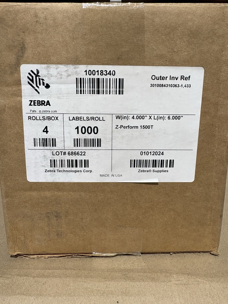 (4 ROLLS) GENUINE Zebra 10018340 Z-Perform 1500T Thermal Transfer Labels 4×6 NEW
