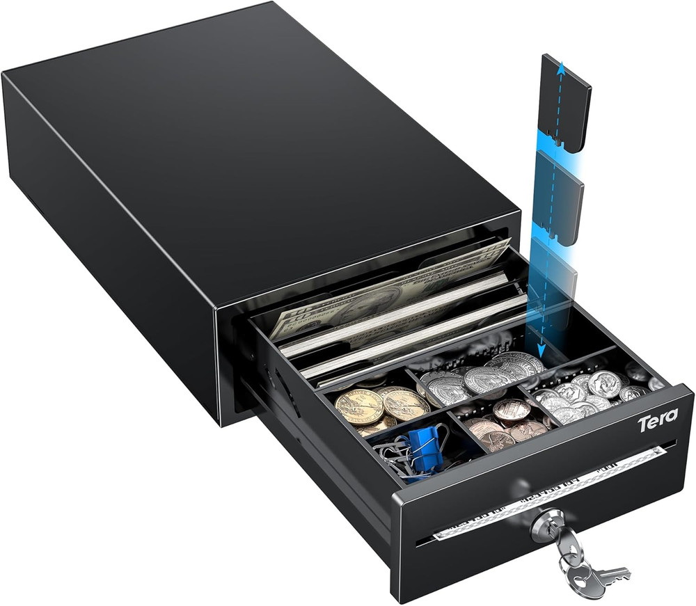 Cash Register Drawer 8″ Mini: 4 Bill 6 Coin Small Cash Drawer Auto Open with Med