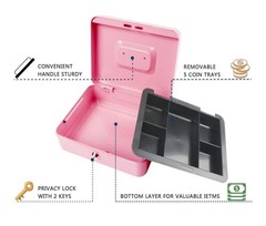 Pink Cash Safe Box with Money Tray and Key Lock