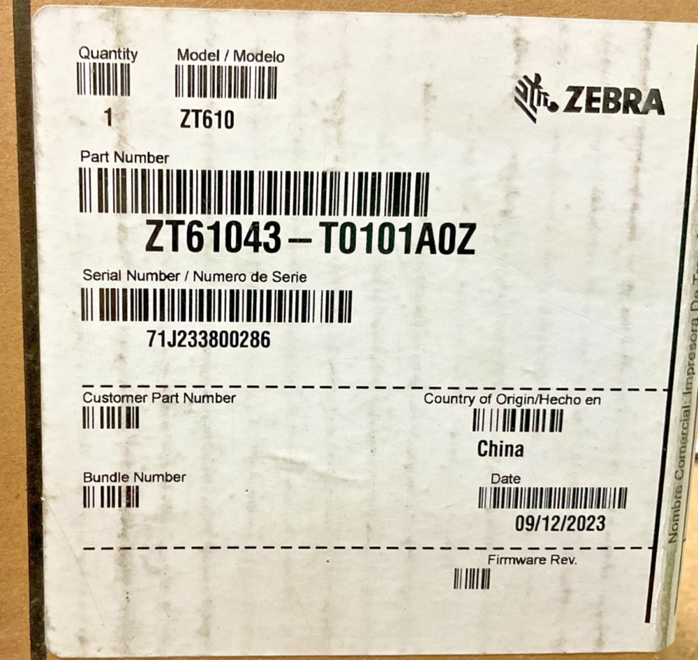 Zebra ZT610 Serial USB Bluetooth Ethernet Thermal Barcode Printer ZT61043T0101A0