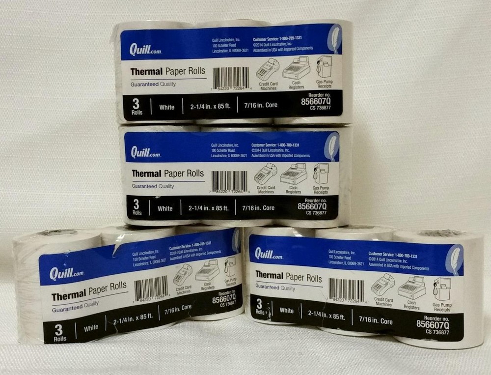 Quill Thermal Paper Rolls 2-1/4in x 85ft 7/16in Core 4 Pkgs of 3 12 Rolls Total