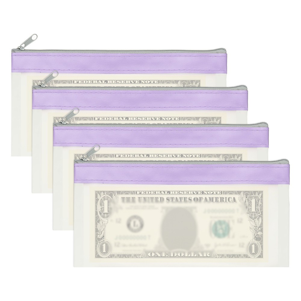 4Pack 8.5×4 Inch Money Bags with Zipper Clear Cash Pouch, Purple