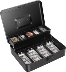 XL Black Cash Box with Money Tray and Key Lock for Secure Storage