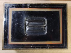Vtg. ’20s-’30s Black Metal Bankers Cash Document Lock Box w/ Key Red & Gold Trim
