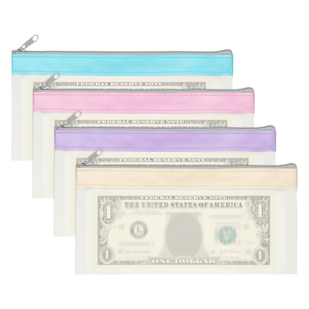8.5×4 Inch Money Bags with Zipper, 4Pcs Clear Cash Pouch, Blue/Pink/Purple/Beige
