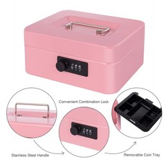 Cash Box with Combination Lock Pink 7.87×6.3×3.54 in Metal Money Box