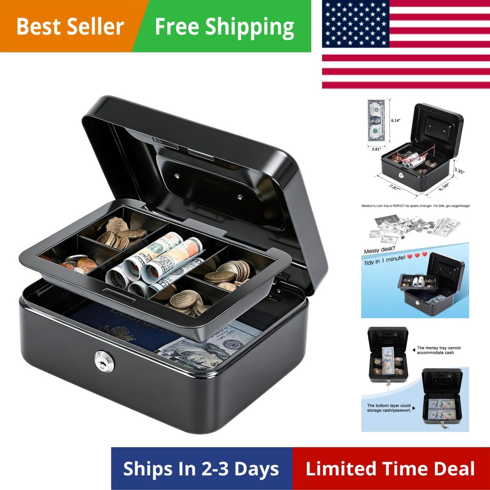 Medium Cash Box with Removable Money Tray, Key Lock Metal Storage Box with 2 …