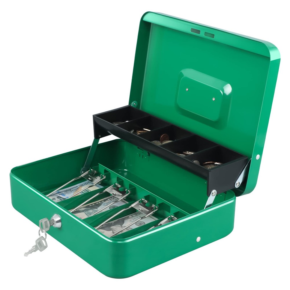 Cash Box With Money Tray Key Lock 4 Bill 5 Coin Slots 11.8×9.5×3.5 Green