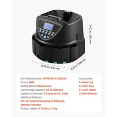 USD Coin Sorter with Screen Display Holds up to 1500 Coins 5 Coin Tubes