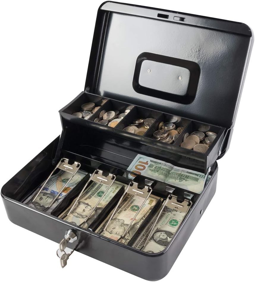 KYODOLED Locking Cash Box with Lock,Money Box with Cash Tray,Lock Safe Box with