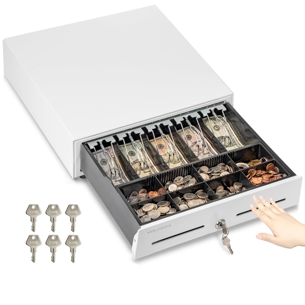 Volcora 16″ Push Open Cash Register Drawer for – 5 Bill 8 Coin, White