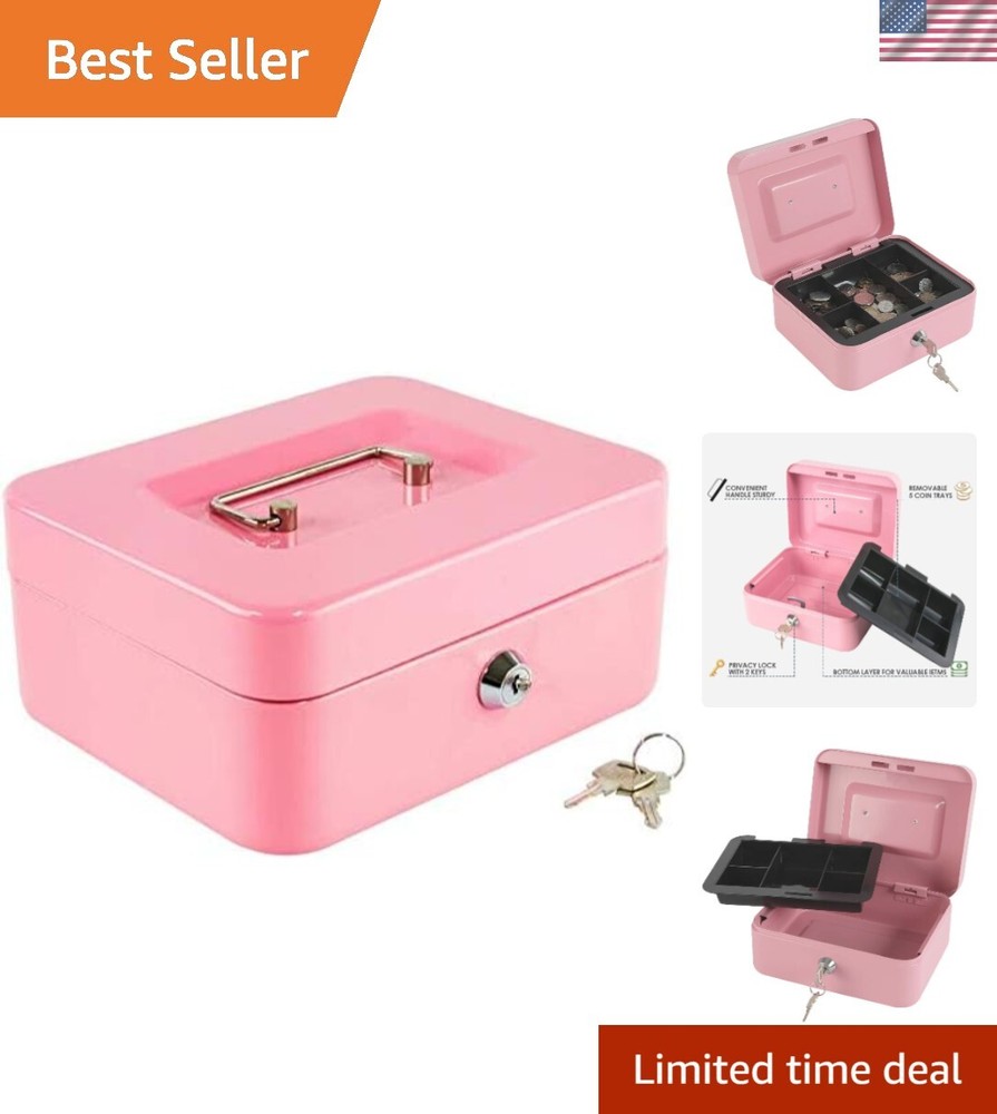 Secure Medium Pink Cash Box with Key Lock and Coin Organizer – 7.87″ x 6.30″