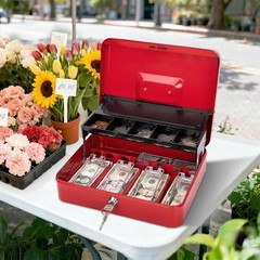 Heavy Duty Red Lock Box with Key & 5-Compartment Organizer – 392 Cubic Inches