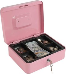 Portable Pink Cash Box with Key Lock & Removable Tray – Ideal for Home & Travel
