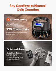 Coin Counter Machine 5 Denomination Coin Sorter LCD Display Holds 1500 Coins