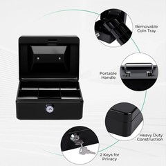 Small Cash Box with Money Tray and Lock, Metal Cash Lock Box with Key, Petty Cas