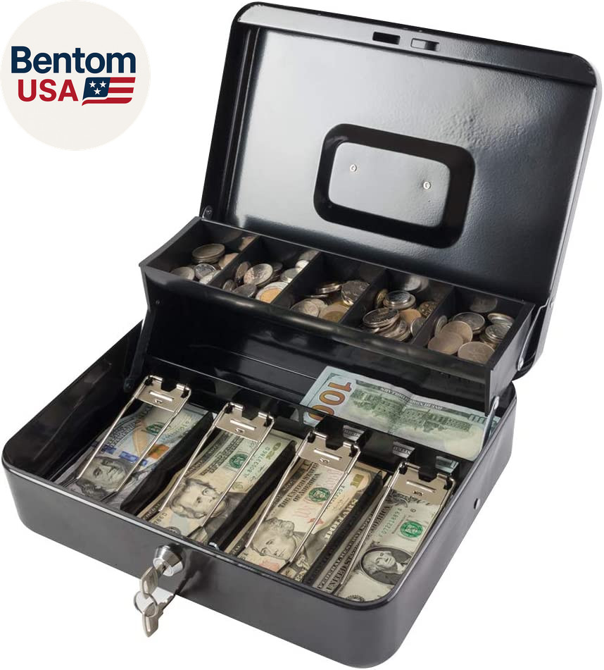 Locking Cash/Money Saving Organizer Box with Lock Safe with Key and Cash Tray, B